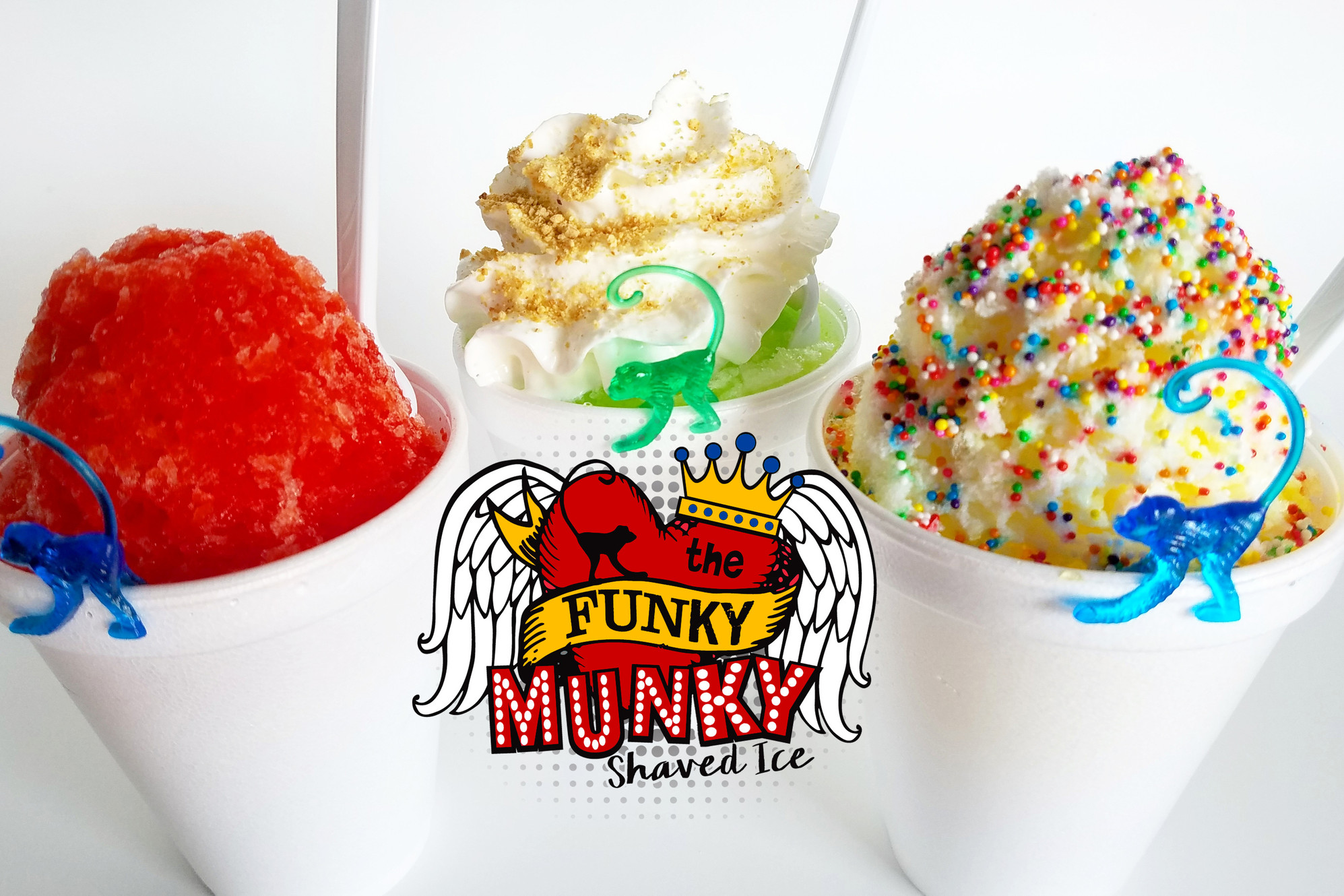 Experience the vibrant world of Fancy Flavors with Funky Munky Shaved Ice's signature creations.